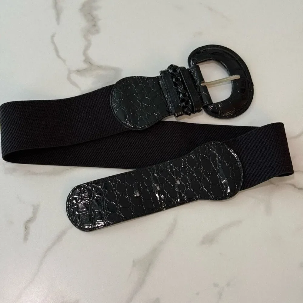 Women’s Belt black vinyl elastic stretch OSFM